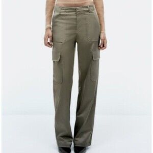 Zara Satin Cargo Pants Womens Size Large Gray Wide Leg New